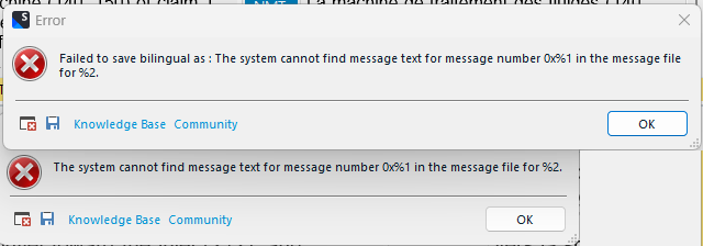 Error dialog box in Trados Studio 2022 stating 'Failed to save bilingual as: The system cannot find message text for message number 0x%1 in the message file for %2.' with Knowledge Base and Community buttons.
