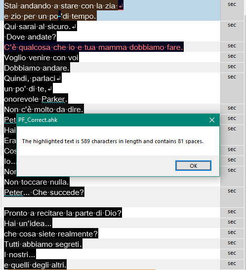 Screenshot of Trados Studio with a pop-up window from an autohotkey script indicating the highlighted text is 589 characters in length and contains 81 spaces.