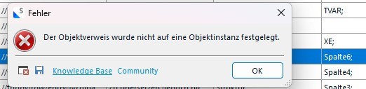 Error message in Trados Studio stating 'Der Objektverweis wurde nicht auf eine Objektinstanz festgelegt.' with options to access Knowledge Base or Community.