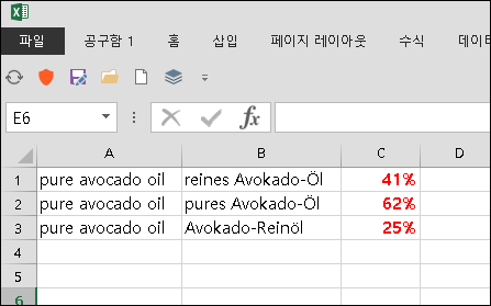 Excel spreadsheet with Trados Studio comparison results showing 'pure avocado oil' in column A with translations in column B and match percentages in column C: 41%, 62%, and 25%.