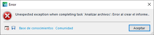 Error dialog box in Trados Studio with a red cross icon, displaying the message 'Unexpected exception when completing task 'Analyze files': Error creating the report'. Buttons for 'Knowledge Base' and 'Community' are visible, along with an 'Accept' button.