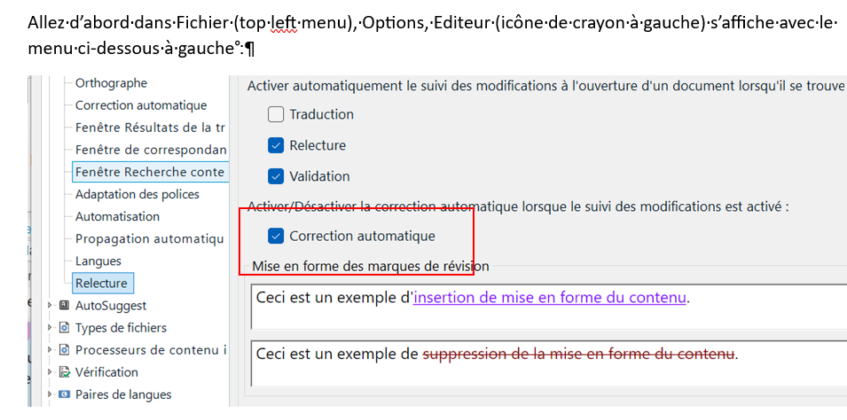 Screenshot of Trados Studio software showing a menu with options for automatic correction, including 'Correction automatique' and 'Mise en forme des marques de revision' highlighted in red.