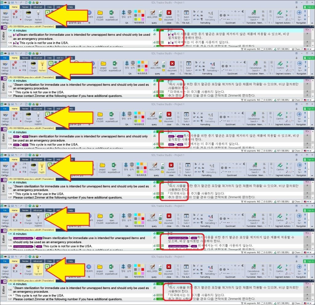 Screenshot of RWS Trados Studio with a yellow arrow pointing to a 'Tag Hide and Seek' game icon and a red box highlighting the keyboard shortcut assignment.