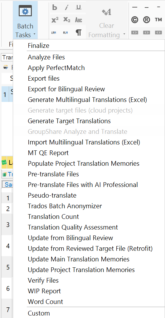 Screenshot of Trados Studio interface displaying Batch Tasks dropdown menu with various options, but missing 'Apply Language Weaver Metadata' task.