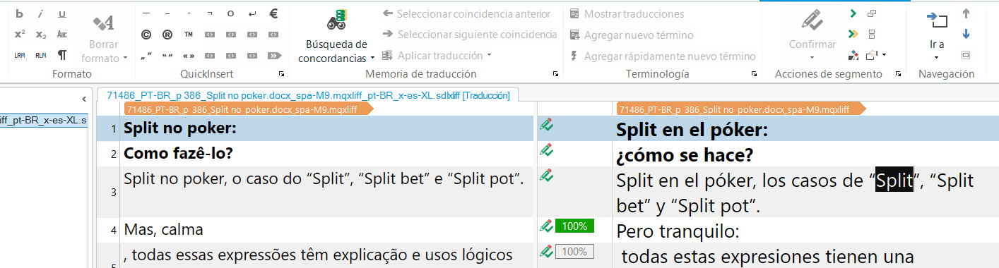 Screenshot of Trados Studio interface showing a translation project with text segments in Portuguese and Spanish. The formatting toolbar is visible with italic and bold options greyed out, indicating they are inactive.