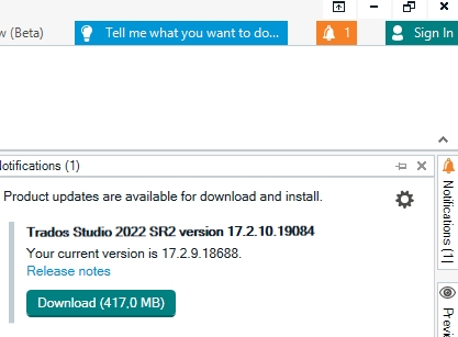 Notification alert in Trados Studio showing an available product update for Trados Studio 2022 SR2 version 17.2.10.19084, with a current version of 17.2.9.18688 and a download size of 417.0 MB.