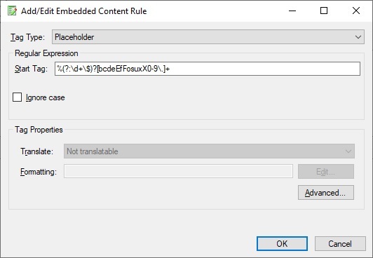 Dialog box for adding or editing an embedded content rule in Trados Studio with fields for Tag Type, Regular Expression, Start Tag, and options for Translate and Formatting.