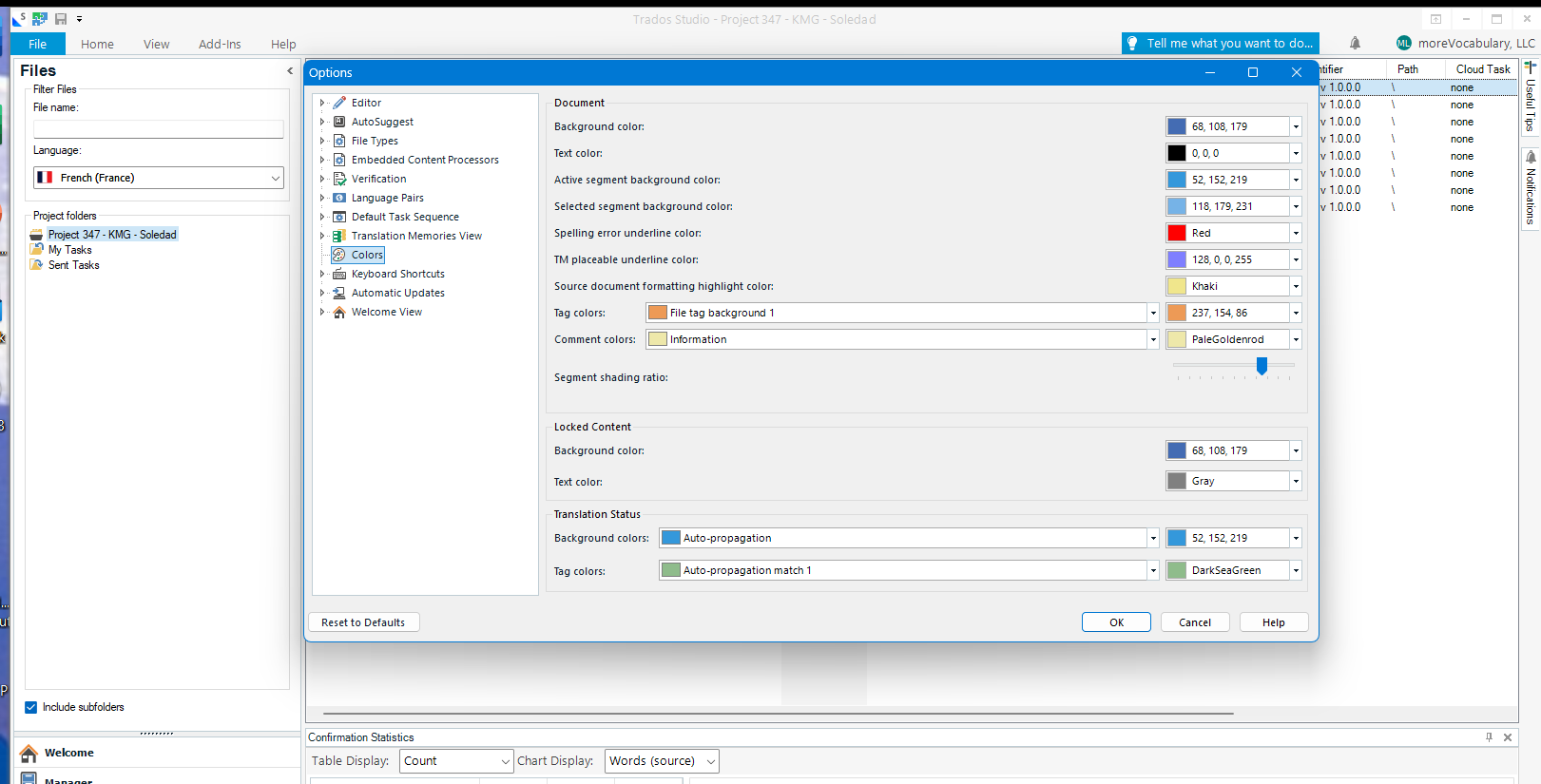 Screenshot of Trados Studio Options menu with Colors settings visible. Background color options are shown with RGB values, but no error messages are visible.