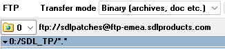 FTP client window with an empty directory at the path 'ftp:sdlpatches@ftp-emea.sdlproducts.com', indicating missing installation files for Trados Studio.