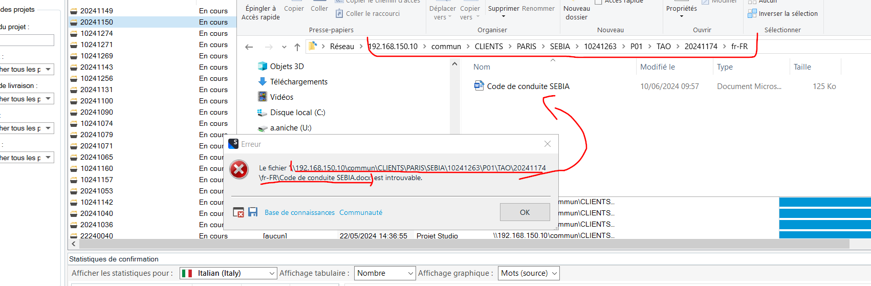 Screenshot of Trados Studio error message. A file path is highlighted showing a missing source document 'Code de conduite SEBIA.docx' in the TAO folder, with an error dialog box stating the file is not found.