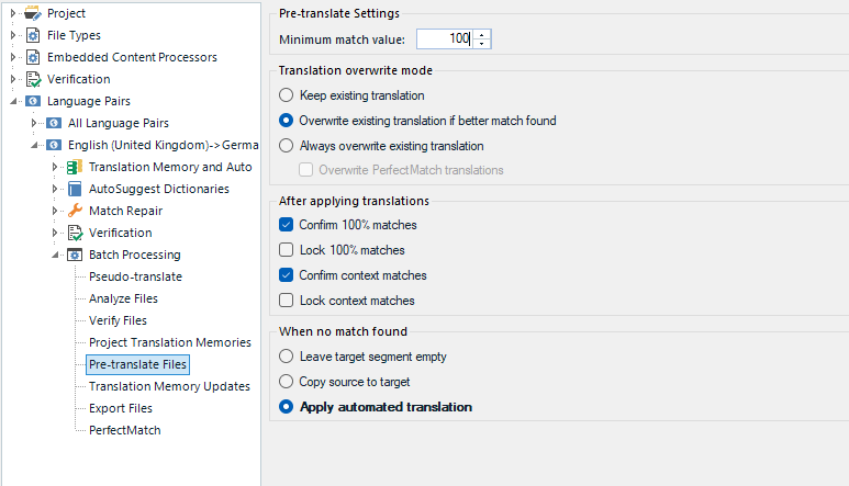 Trados Studio Pre-translate Settings dialog with 'Apply automated translation' option selected under 'When no match found'.