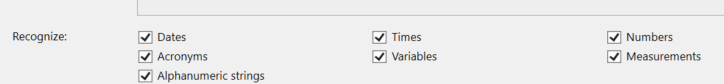 Screenshot of Trados Studio TM settings with checkboxes for Dates, Times, Numbers, Acronyms, Variables, Alphanumeric strings, and Measurements.