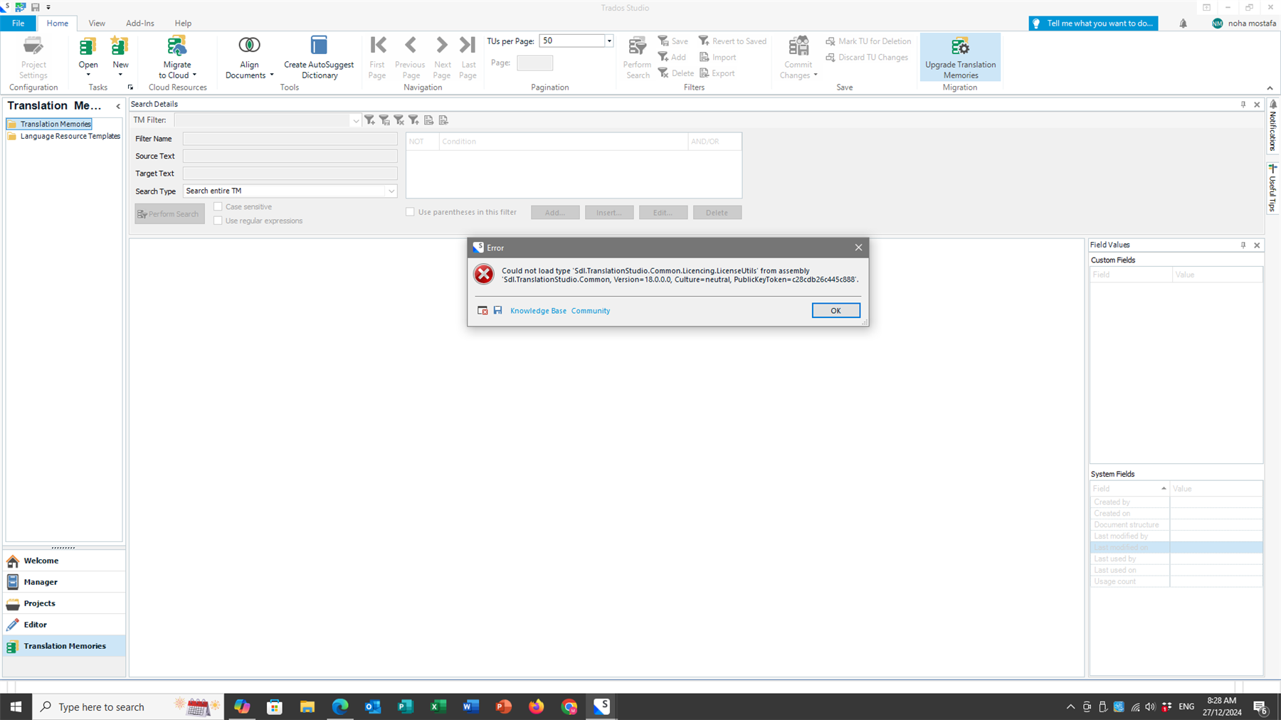 Screenshot of SDL Trados Studio with an error dialog box stating 'Could not load type 'Sdl.TranslationStudio.Common.Licensing.LicenseUtils' from assembly 'Sdl.TranslationStudio.Common, Version=18.0.0.0, Culture=neutral, PublicKeyToken=c28cdb264c54...' with an OK button.