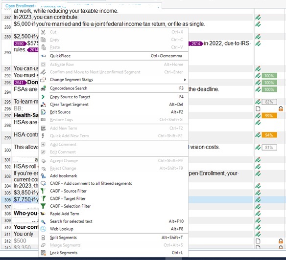 Screenshot of Trados Studio 2019 showing a segment selected with 'Edit Source' option available in the right-click context menu.