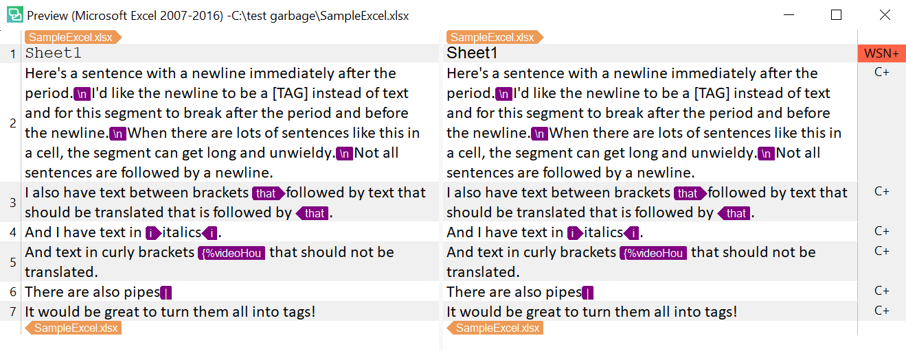 Screenshot of Trados Studio showing text with incorrect segmentation and placeholder issues. Newline characters are not being recognized as segment ends and curly brackets are not translated.