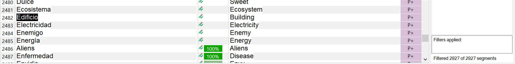 Trados Studio screenshot showing a list of translated words with 'Aliens' and 'Enfermedad' highlighted in green indicating 100% match.