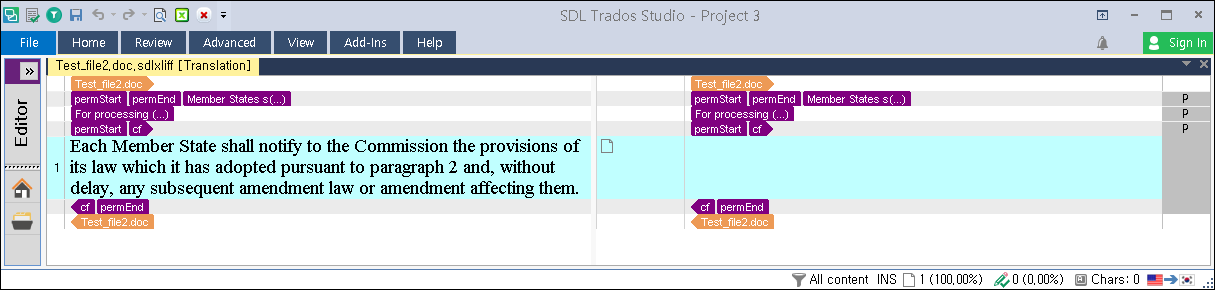 Screenshot of Trados Studio interface showing a translation project with segments of text highlighted in pink and blue, indicating 'permStart' and 'permEnd' tags within the document.