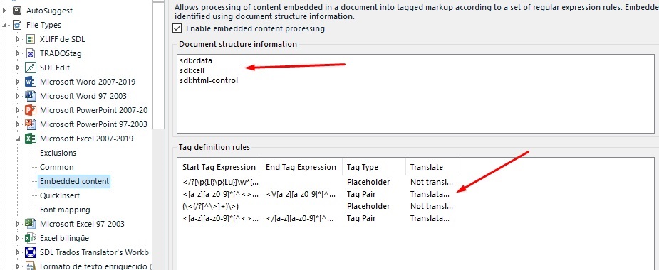 Trados Studio settings showing 'Enable embedded content processing' checked with document structure information defined for sdl:data, sdl:cell, and sdl:html-control.
