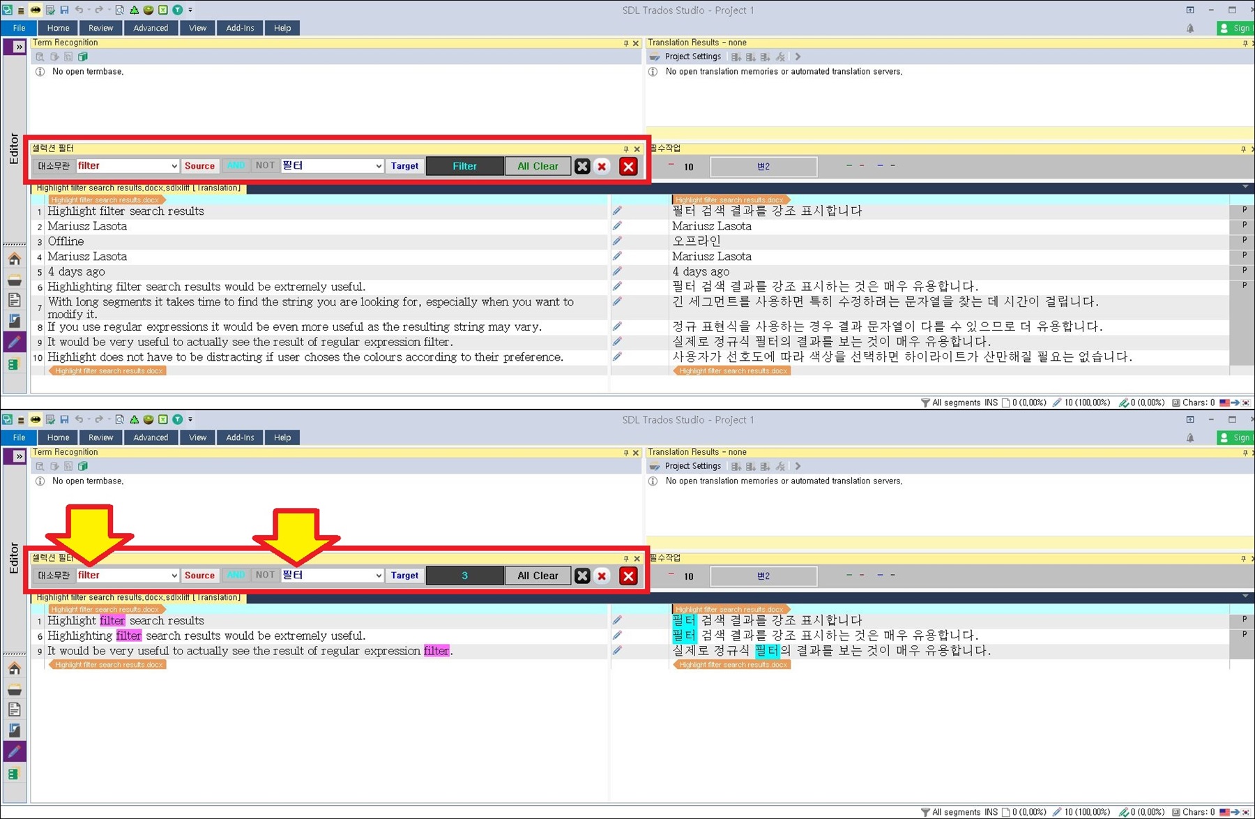 Screenshot of Trados Studio interface showing the Editor view with a filter applied, highlighting search results in yellow. No errors or warnings visible.