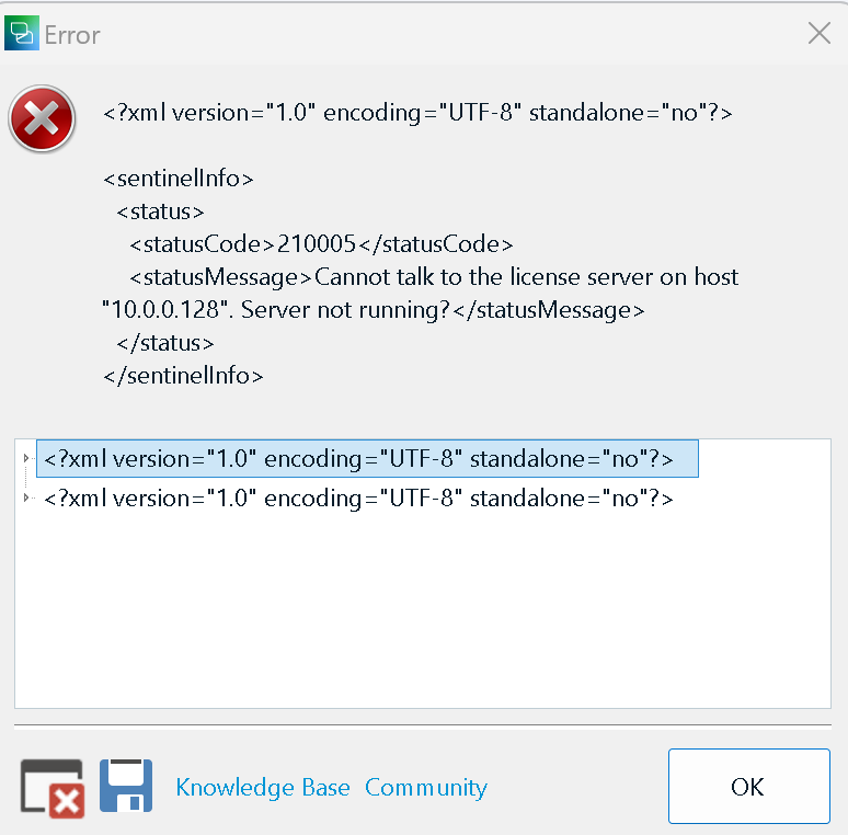 Error message in Trados Studio indicating 'Cannot talk to the license server on host 10.0.0.128. Server not running?' with status code 210005.