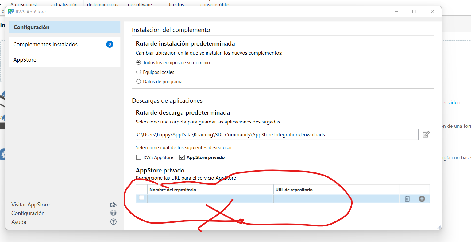 Trados Studio AppStore configuration window with an error message indicating the repository URL cannot be added. The 'Nombre del repositorio' and 'URL de repositorio' fields are highlighted with a red X mark.