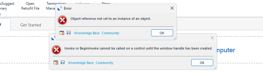 Screenshot showing two error dialog boxes. The first error says 'Object reference not set to an instance of an object.' The second error says 'Invoke or BeginInvoke cannot be called on a control until the window handle has been created.' Both have options for Knowledge Base and Community.