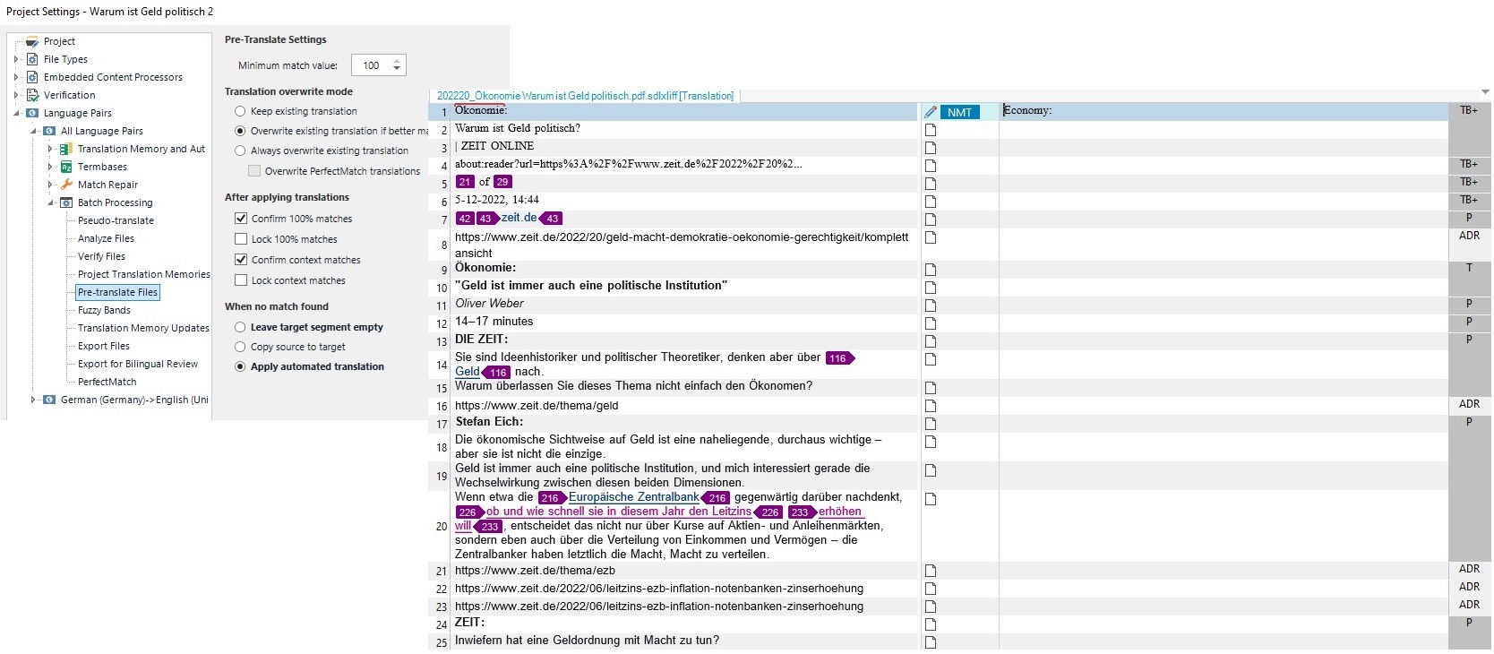 Trados Studio project settings window showing pre-translate files settings with no visible errors.