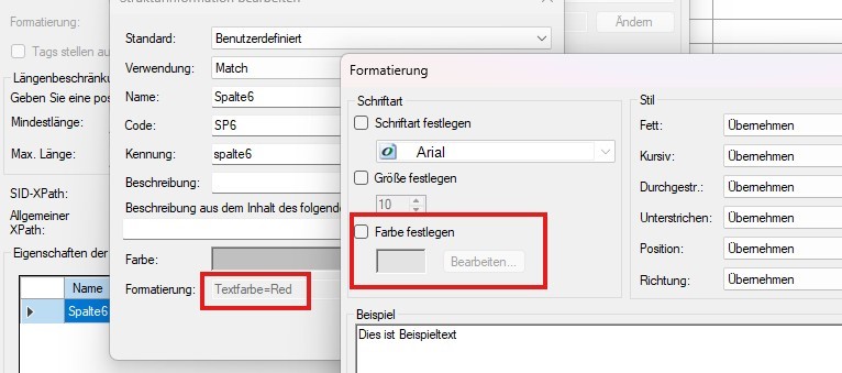 Screenshot of Trados Studio showing 'Spalte6' structure information with 'Textfarbe=Red' highlighted, indicating text color formatting.