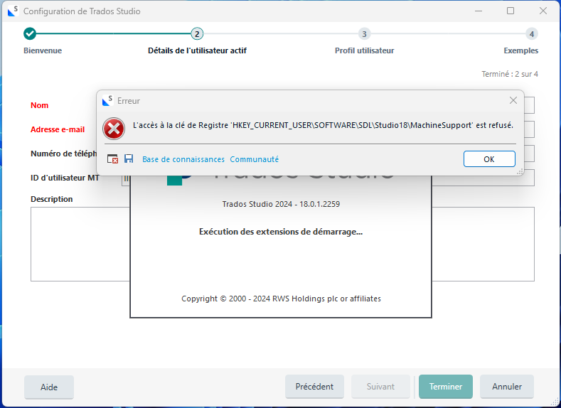 Error message during Trados Studio 2024 setup showing 'Access to the Registry key HKEY_CURRENT_USERSOFTWARESDLStudio18MachineSupport' is denied.