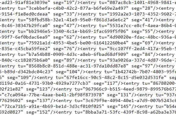 Screenshot of Trados Studio showing a segment of code with multiple 'entry' tags and attributes like 'seg' and 'tu'. No visible errors or warnings.