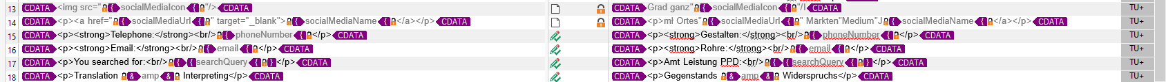 Screenshot of Trados Studio showing locked inline selections in a translation file with non-translatable tags and locked symbol on both source and target columns.