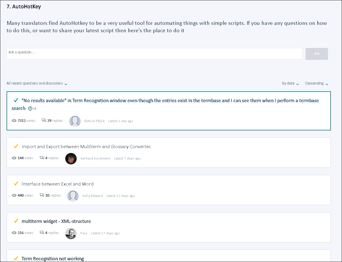 Trados Studio forum page showing a post titled 'No results available' in Term Recognition window despite existing entries in the termbase.