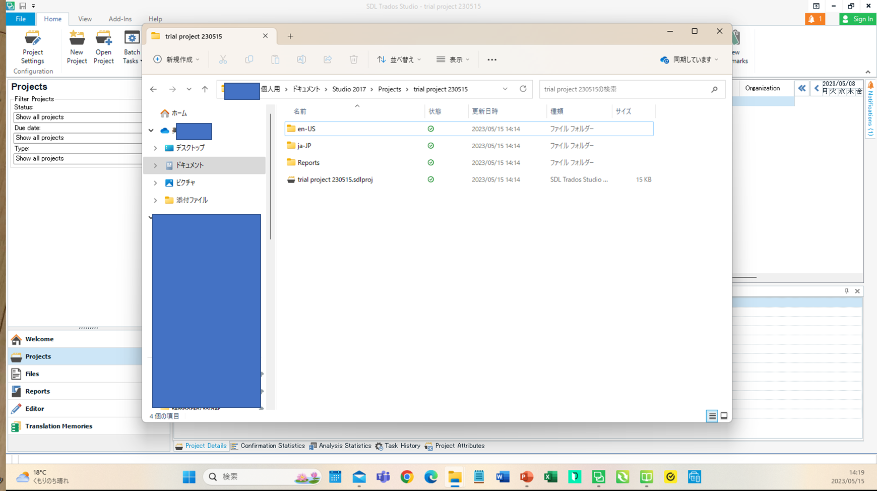 SDL Trados Studio interface showing a project folder open with file details visible, but no files or folders listed in the navigation pane on the left.