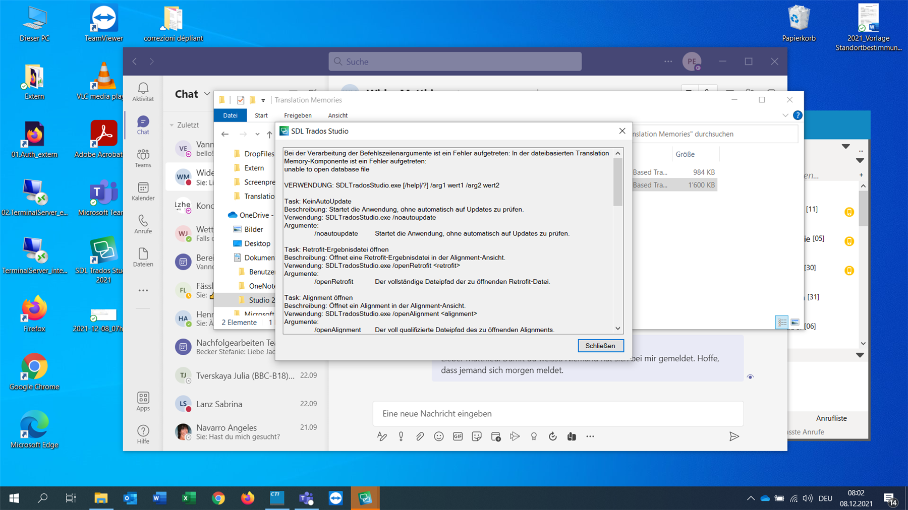 Error message in Trados Studio stating 'unable to open database file' with details of the file path and arguments listed below.