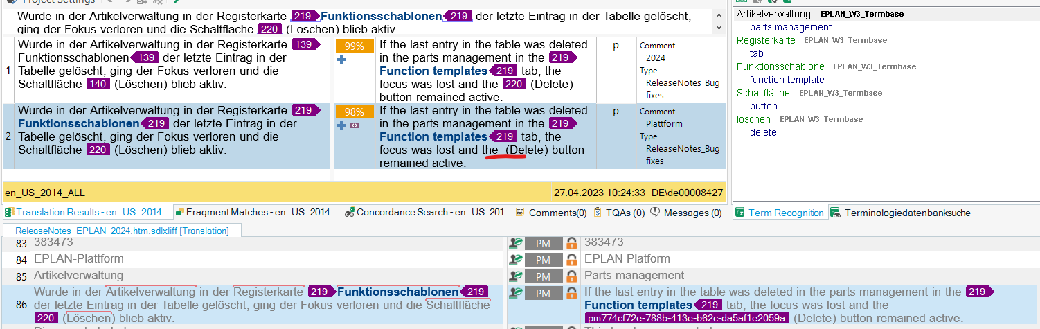 Screenshot of Trados Studio with a translation results pane, highlighting the same text as the first image, but with a different background color indicating a different stage of the translation process.