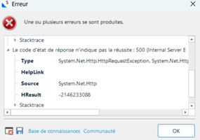 Error dialog box in French displaying a System.Net.Http.HttpRequestException and a 500 Internal Server Error.