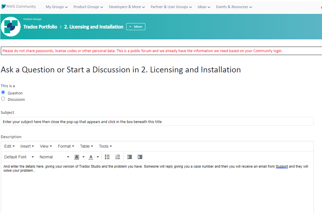 Screenshot of RWS Community forum page for Trados Portfolio under '2. Licensing and Installation' with options to ask a question or start a discussion.