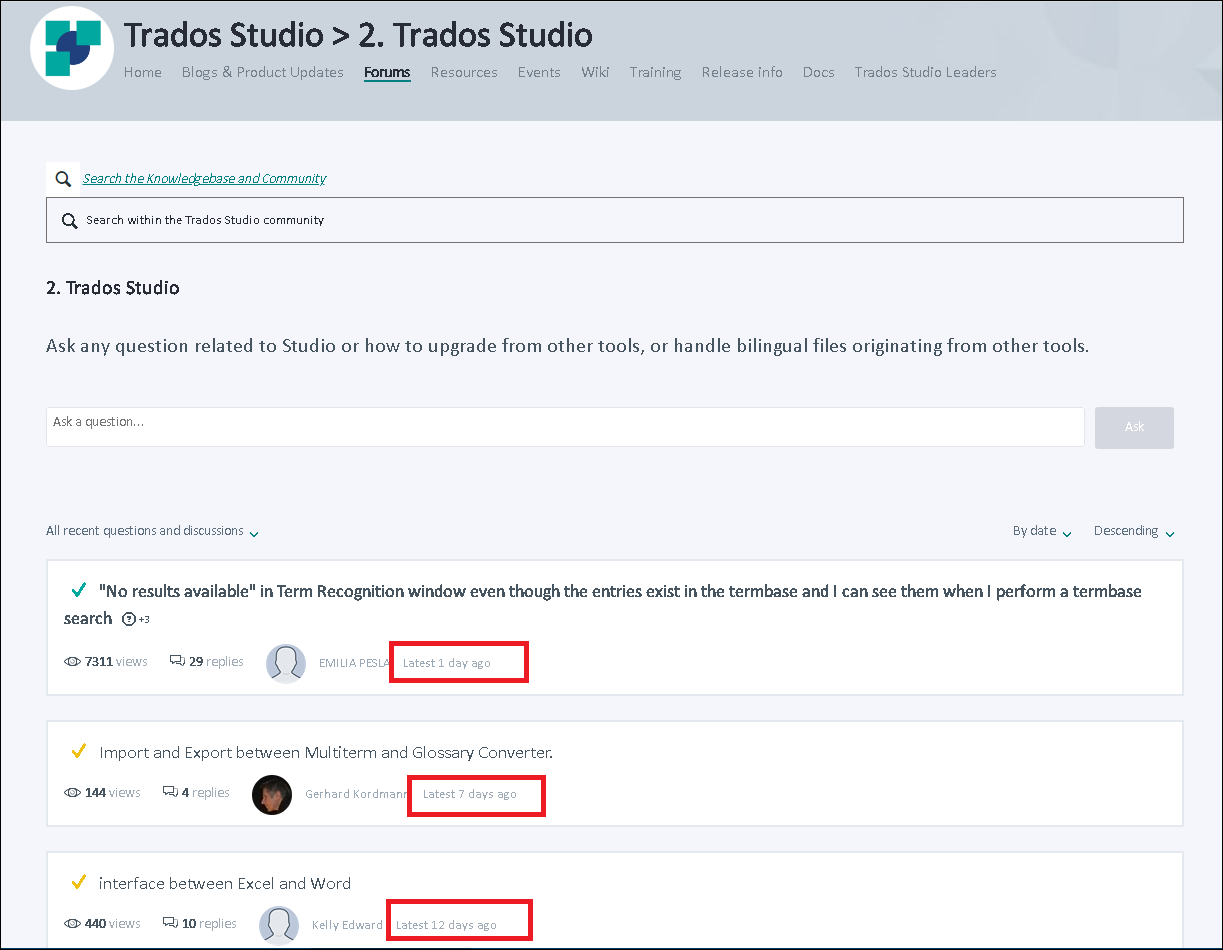 Screenshot of Trados Studio forum page showing a post titled 'No results available' in Term Recognition window with 7311 views, 29 replies, and a latest reply 1 day ago highlighted in red.