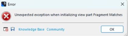 Error dialog box with a red cross icon, titled 'Error'. The message reads 'Unexpected exception when initializing view part Fragment Matches'. Buttons for 'Knowledge Base' and 'Community' are visible, along with an 'OK' button.