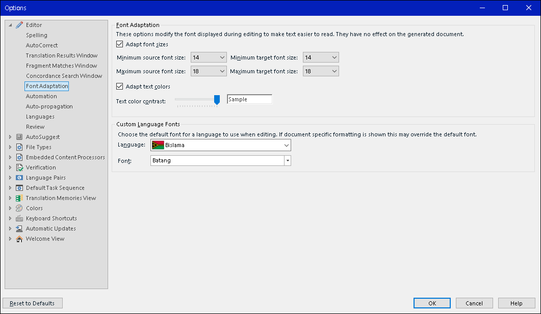 Trados Studio options menu under 'Font Adaptation' settings. Font size and color adaptation options are shown, with 'Bislama' language selected and 'Batang' font applied.