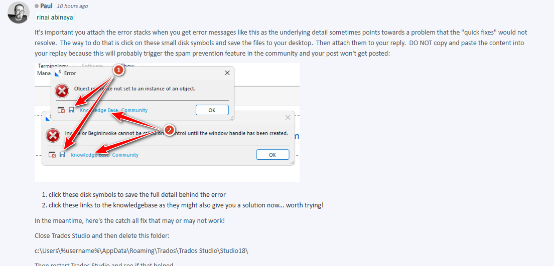 Forum post by Paul explaining how to save error details and suggesting a potential fix involving deleting a specific folder in the user's AppData directory. Two error messages are shown with arrows pointing to disk symbols and knowledge base links.