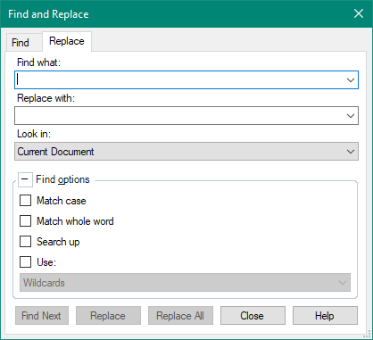 Trados Studio Find and Replace dialog box with empty 'Find what' and 'Replace with' fields, set to look in 'Current Document' with no find options selected.