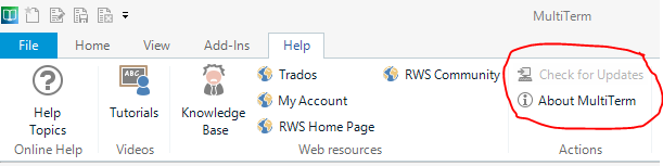 Trados MultiTerm interface showing the Help tab with options including About MultiTerm and Check for Updates circled in red.
