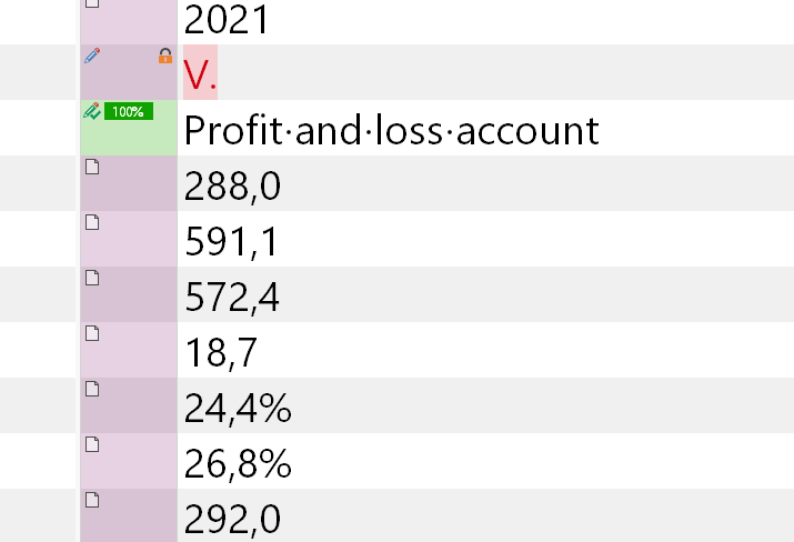 Screenshot of Trados Studio interface showing a list of number-only segments without automatic translation applied, indicated by the absence of 'AT' labels.