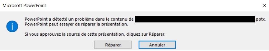 Microsoft PowerPoint error dialog box stating 'PowerPoint detected a problem with the content of filename.pptx. PowerPoint can try to repair the presentation. If you trust the source of this presentation, click Repair.' with Repair and Cancel buttons.