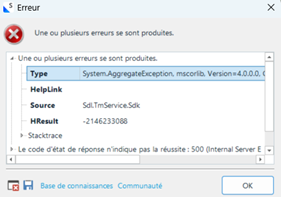 Error dialog box in French showing a System.AggregateException with HRESULT -2146233088 and a 500 Internal Server Error.