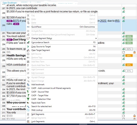 Screenshot of Trados Studio 2019 where 'Edit Source' option is grayed out and unavailable for the selected segment.