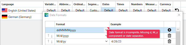 Trados Studio language resources settings showing an error message for German date formats indicating 'Date format is incomplete. Missing d, M, y component or date separator.'