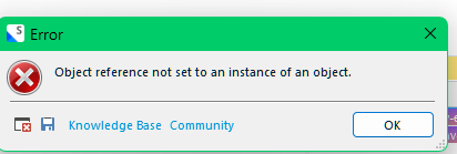 Error dialog box in Trados Studio with message: 'Object reference not set to an instance of an object.' Buttons for Knowledge Base and Community are visible, along with an OK button.