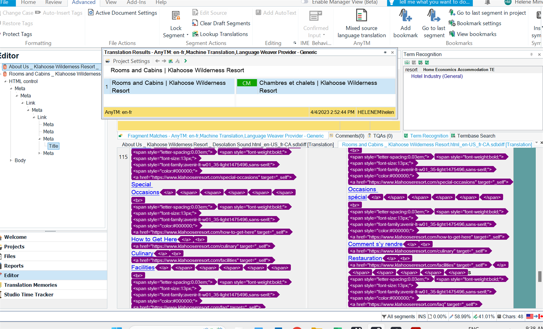 Screenshot of Trados Studio editor view with segments 114 and 115 showing applied Avenir font in the source document but not in the target document.